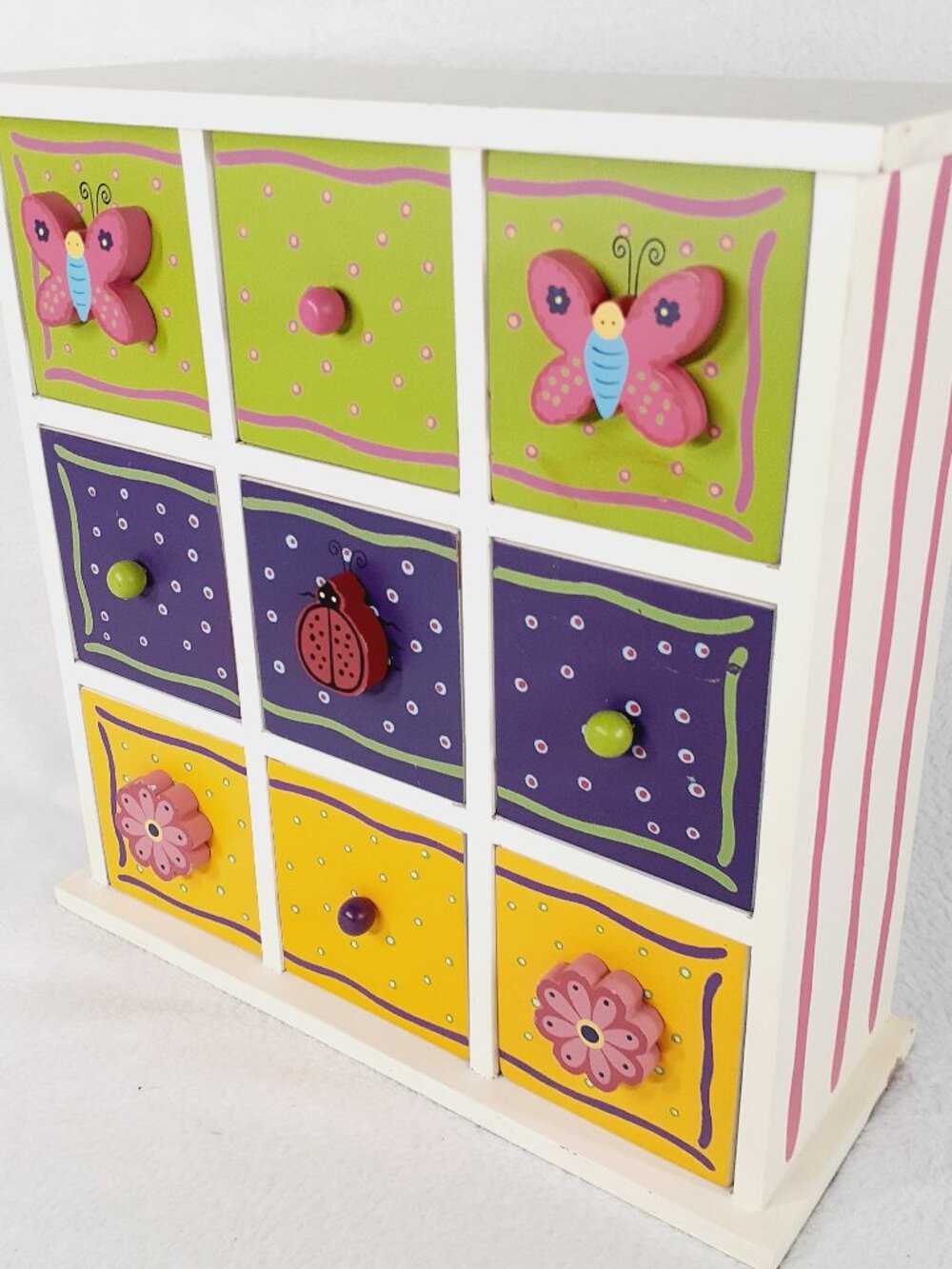 Rare Multi Colored Wooden Organizer With Butterfly Lady Bug & Flower Knobs